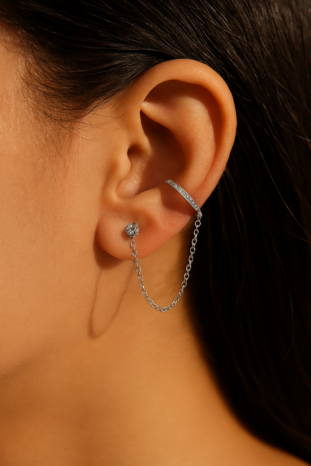 Celeste Connect 925 Sterling Silver Zircon Chain Earrings – Gold & White Gold Plated, Dainty Chain Cuff Earrings, Elegant Zircon Jewelry for Women