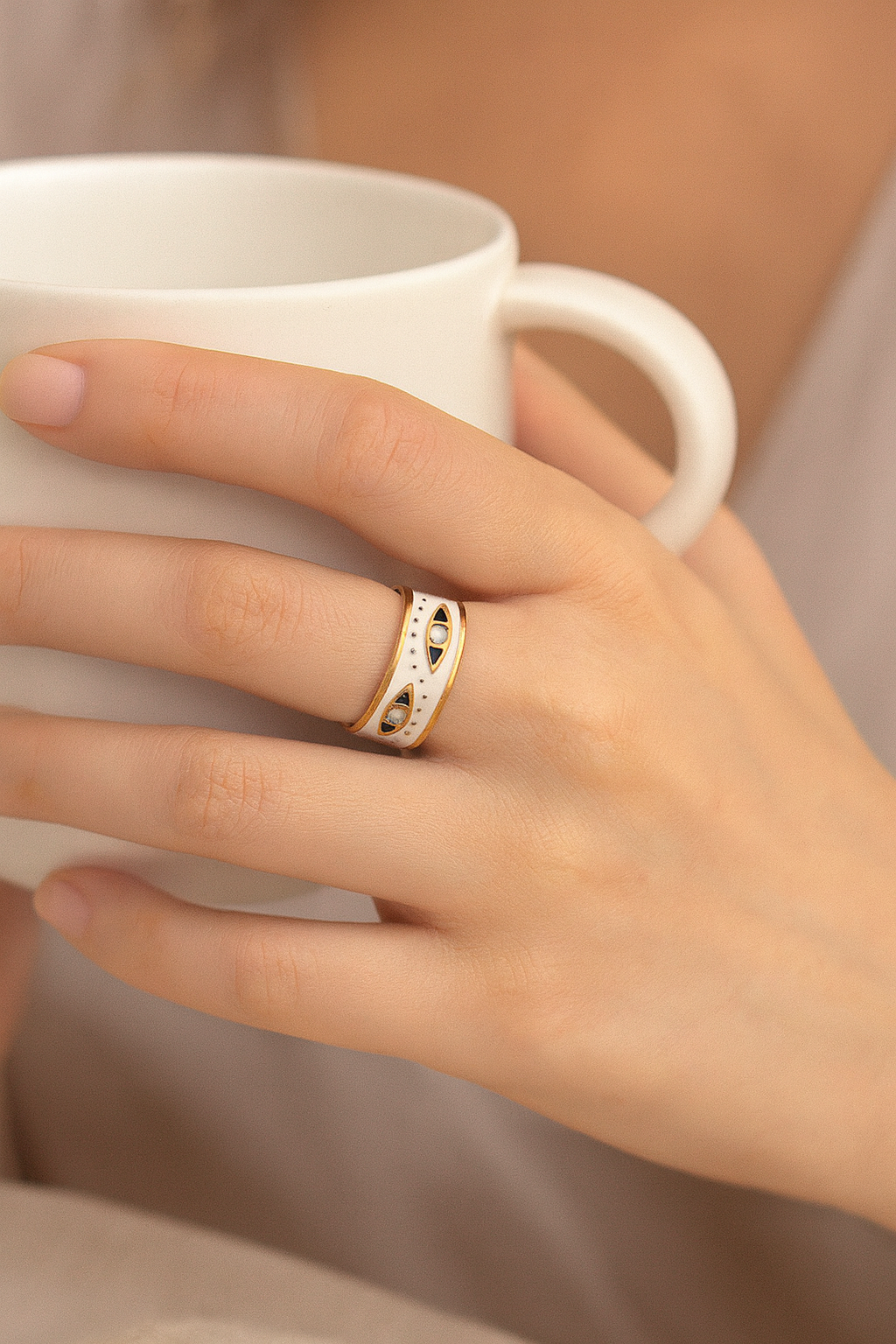 Aureus Evil Eye 18K Gold Plated Adjustable Ring – Gold, White & Black 304 Stainless Steel Band, Waterproof, Non-Tarnish Protective Jewelry