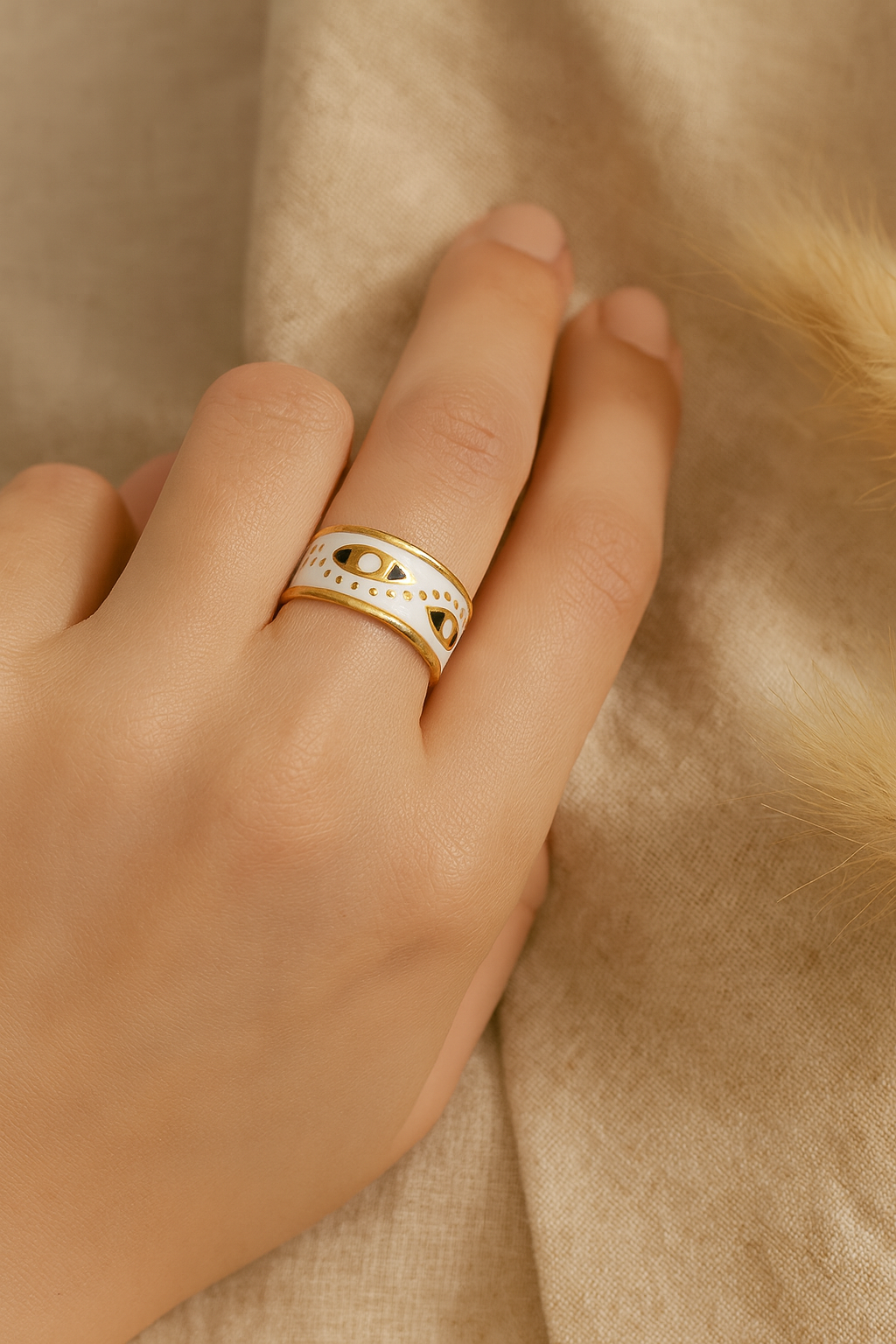 Aureus Evil Eye 18K Gold Plated Adjustable Ring – Gold, White & Black 304 Stainless Steel Band, Waterproof, Non-Tarnish Protective Jewelry