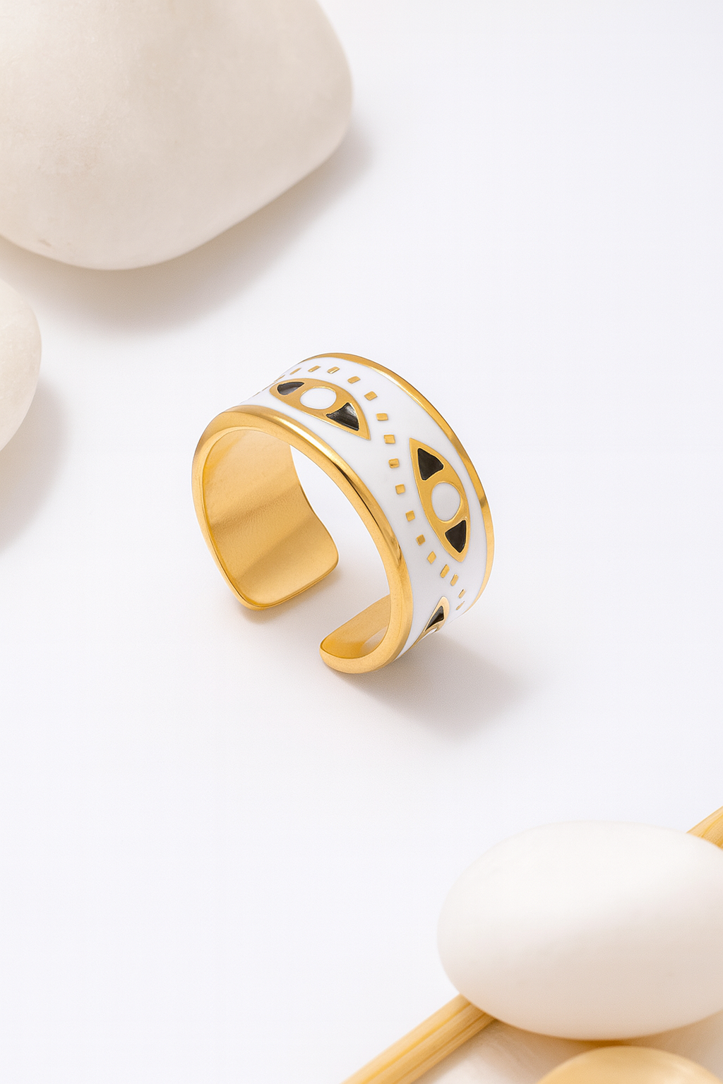 Aureus Evil Eye 18K Gold Plated Adjustable Ring – Gold, White & Black 304 Stainless Steel Band, Waterproof, Non-Tarnish Protective Jewelry