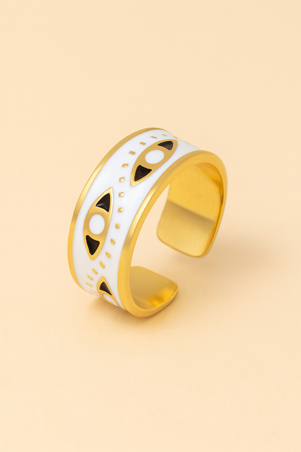 Aureus Evil Eye 18K Gold Plated Adjustable Ring – Gold, White & Black 304 Stainless Steel Band, Waterproof, Non-Tarnish Protective Jewelry