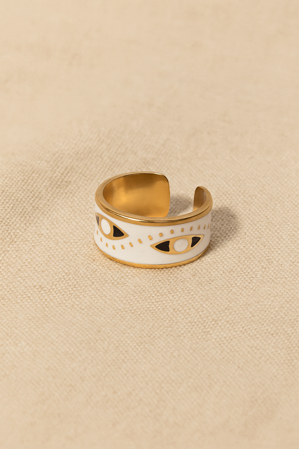 Aureus Evil Eye 18K Gold Plated Adjustable Ring – Gold, White & Black 304 Stainless Steel Band, Waterproof, Non-Tarnish Protective Jewelry