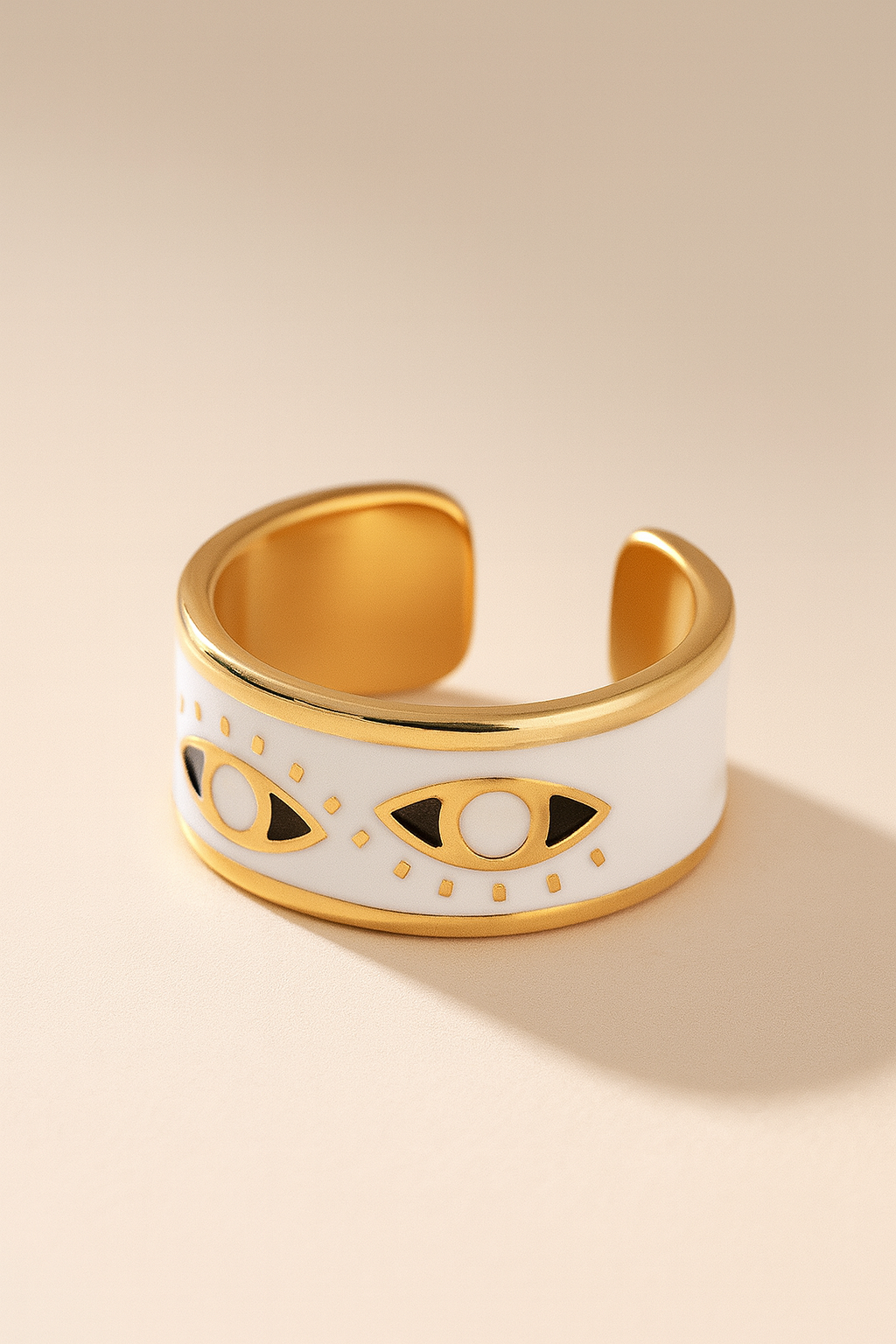 Aureus Evil Eye 18K Gold Plated Adjustable Ring – Gold, White & Black 304 Stainless Steel Band, Waterproof, Non-Tarnish Protective Jewelry