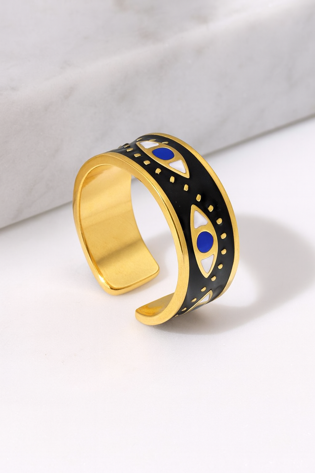 Aureus Evil Eye 18K Gold Plated Adjustable Ring – Gold, White & Black 304 Stainless Steel Band, Waterproof, Non-Tarnish Protective Jewelry