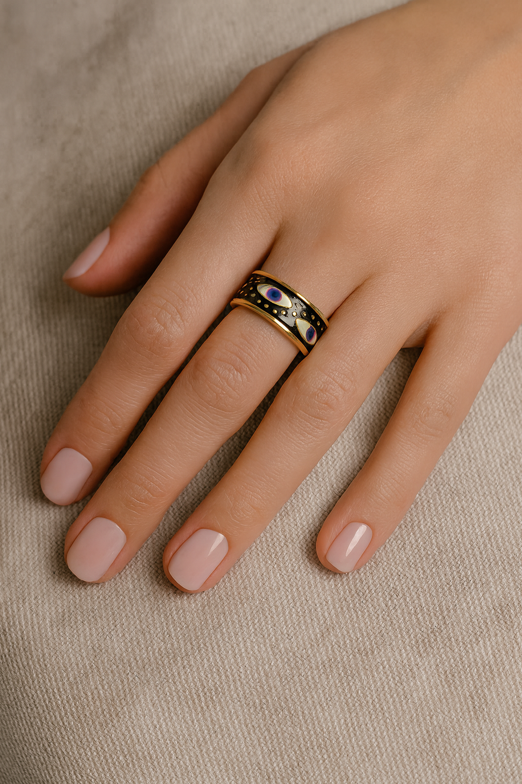 Aureus Evil Eye 18K Gold Plated Adjustable Ring – Gold, White & Black 304 Stainless Steel Band, Waterproof, Non-Tarnish Protective Jewelry