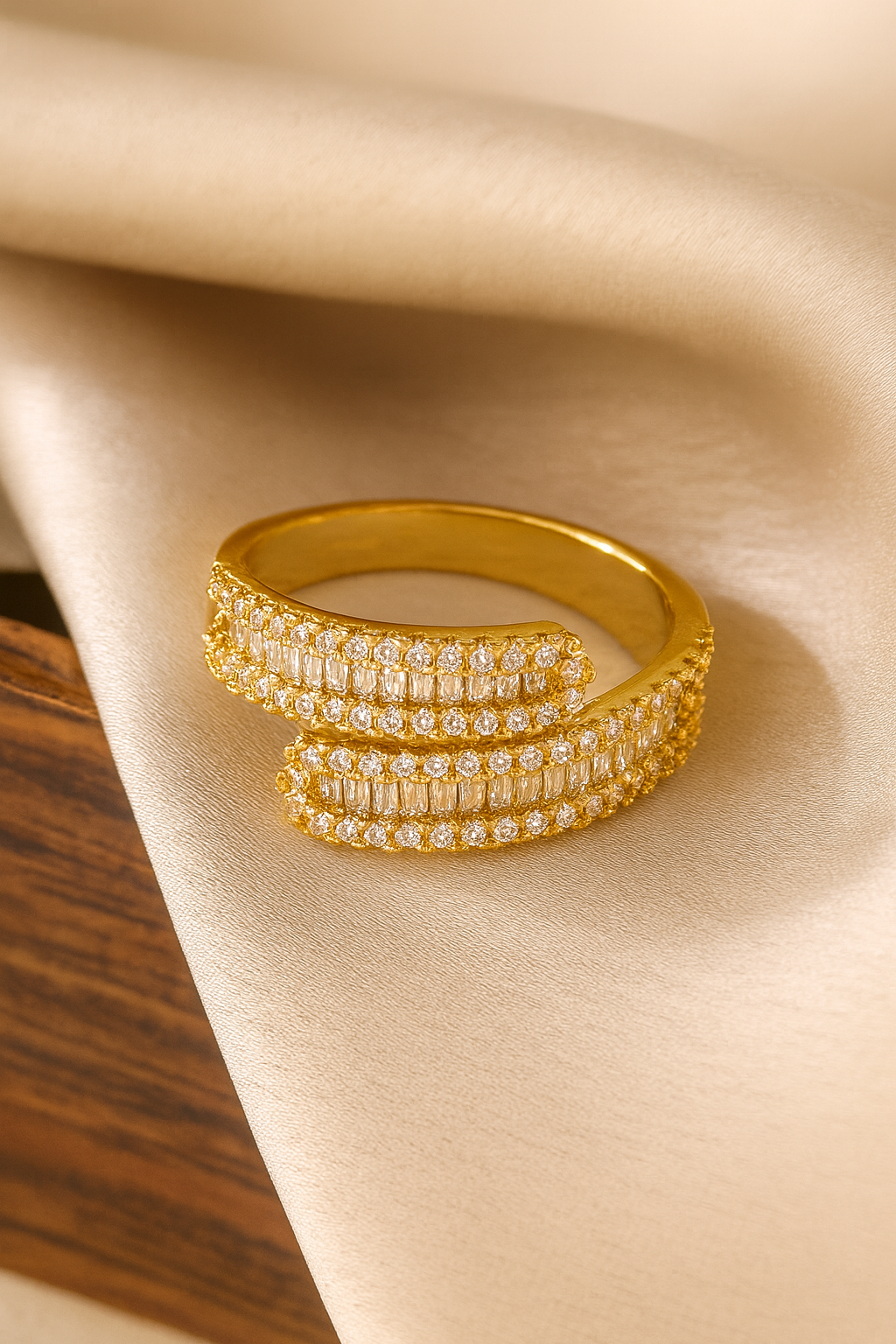 Regalia Twin Flare 18K Gold Plated Zircon Adjustable Ring – Elegant Gold Copper Statement Ring with Sparkling Zircon