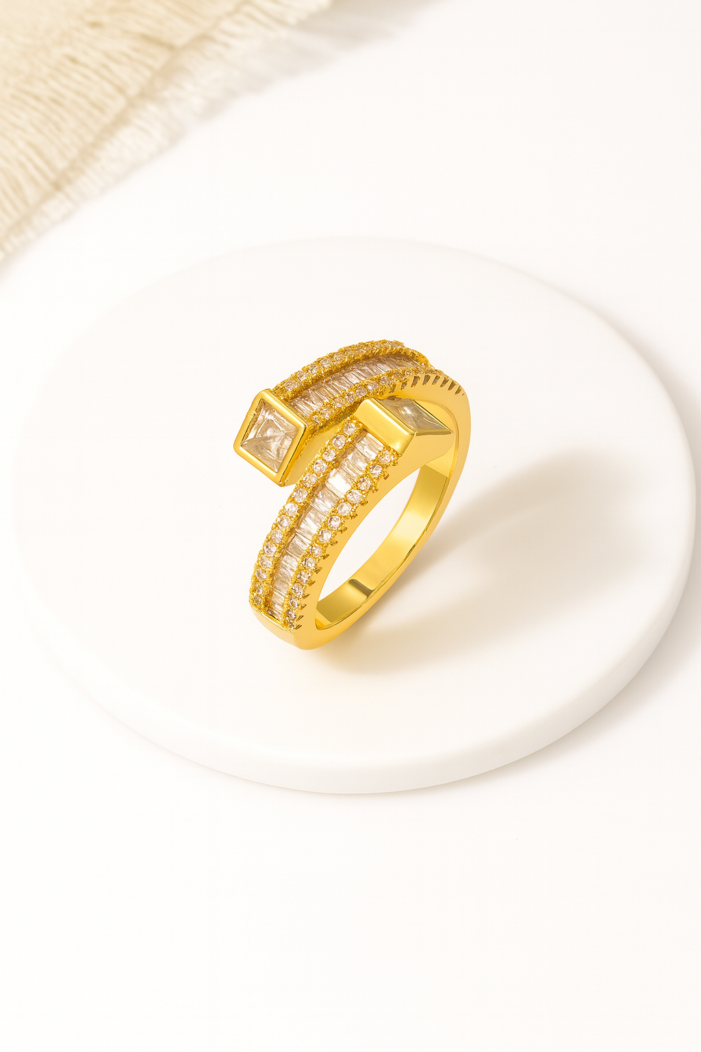 Cubora 18K Real Gold Plated Zircon Adjustable Ring – Elegant Gold Copper Statement Ring with Sparkling Zircon