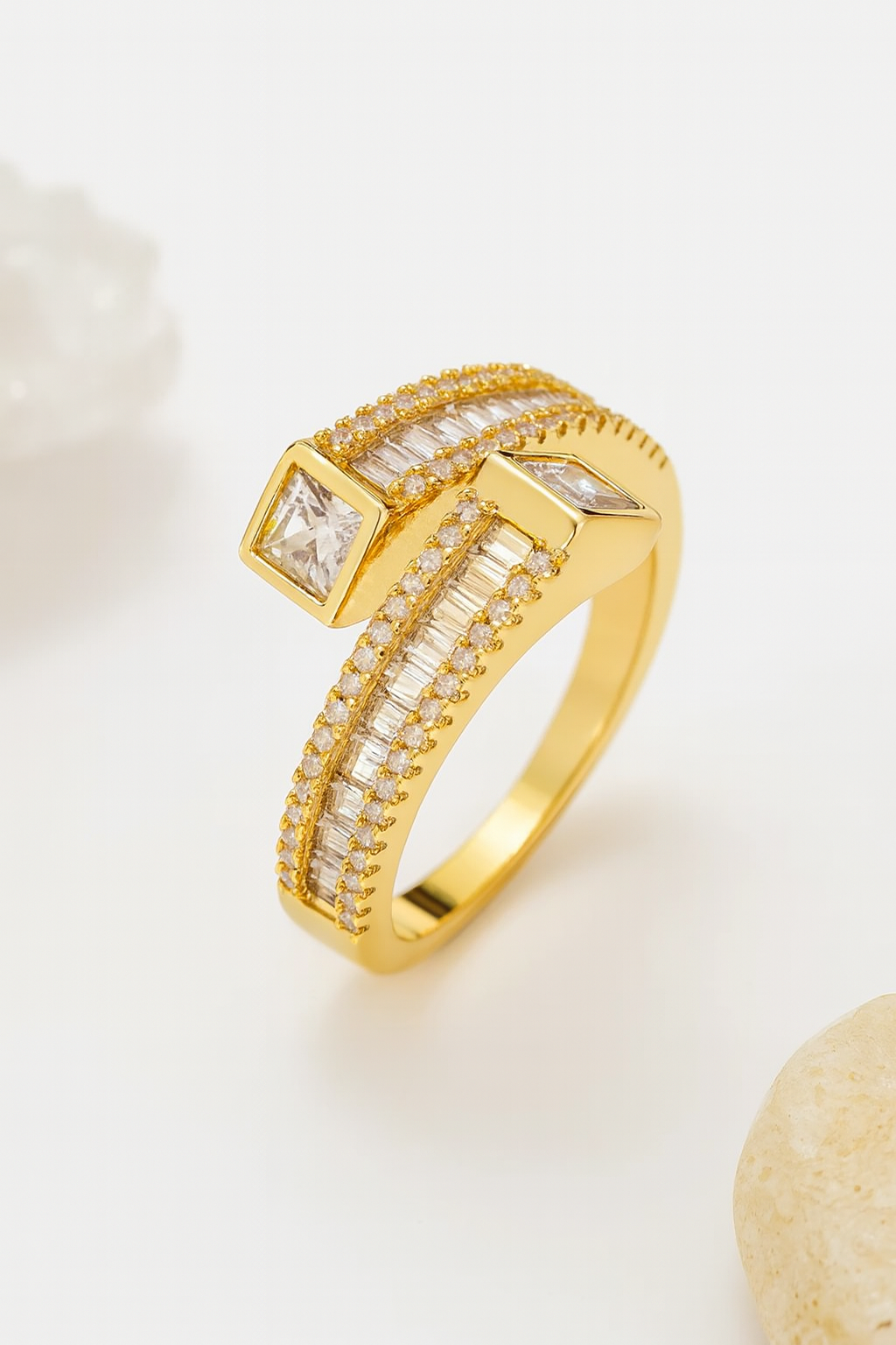 Cubora 18K Real Gold Plated Zircon Adjustable Ring – Elegant Gold Copper Statement Ring with Sparkling Zircon