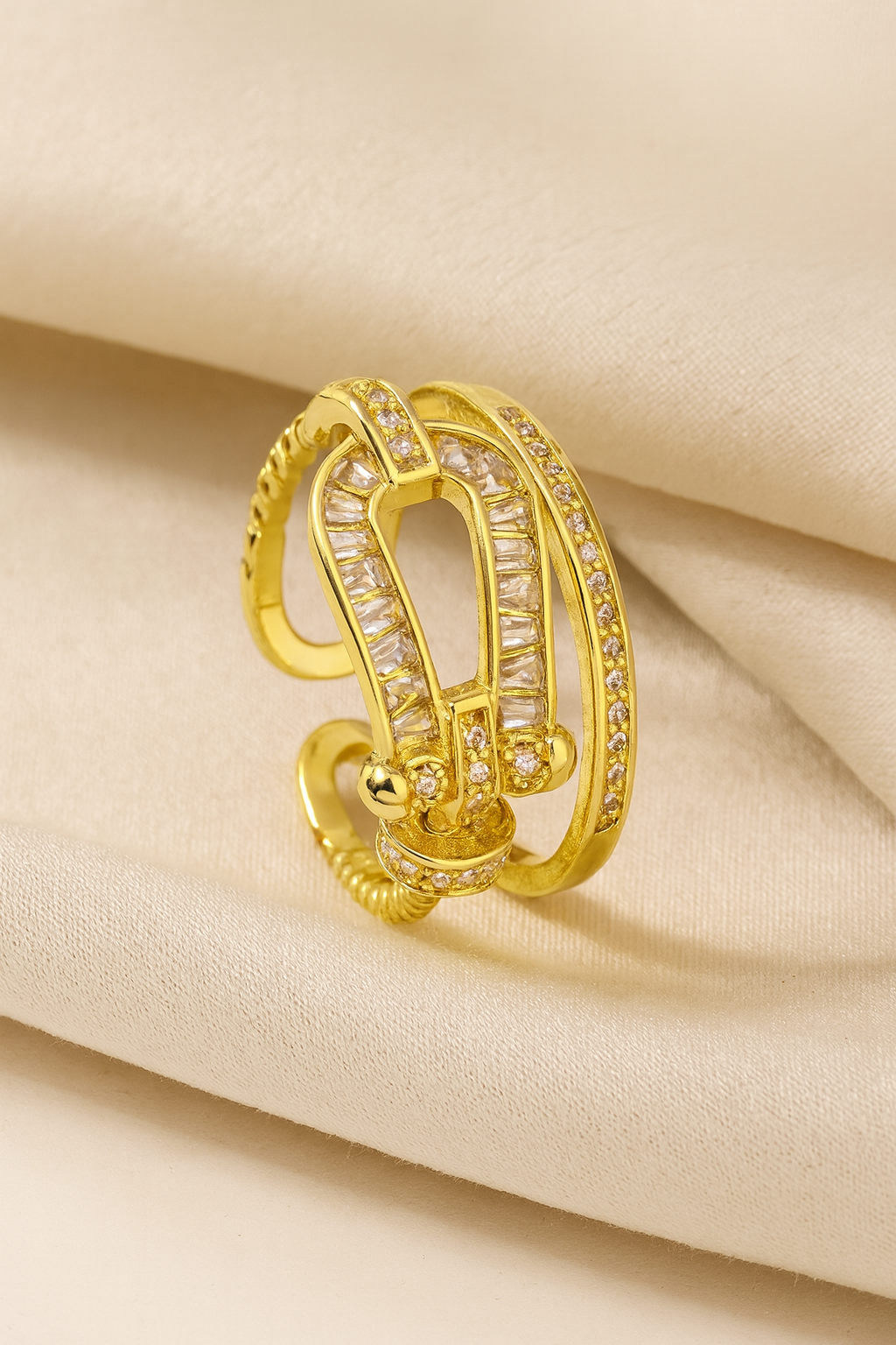 Regal Link 18K Gold Plated Zircon Adjustable Ring – Elegant Gold Copper Statement Ring with Sparkling Zircon