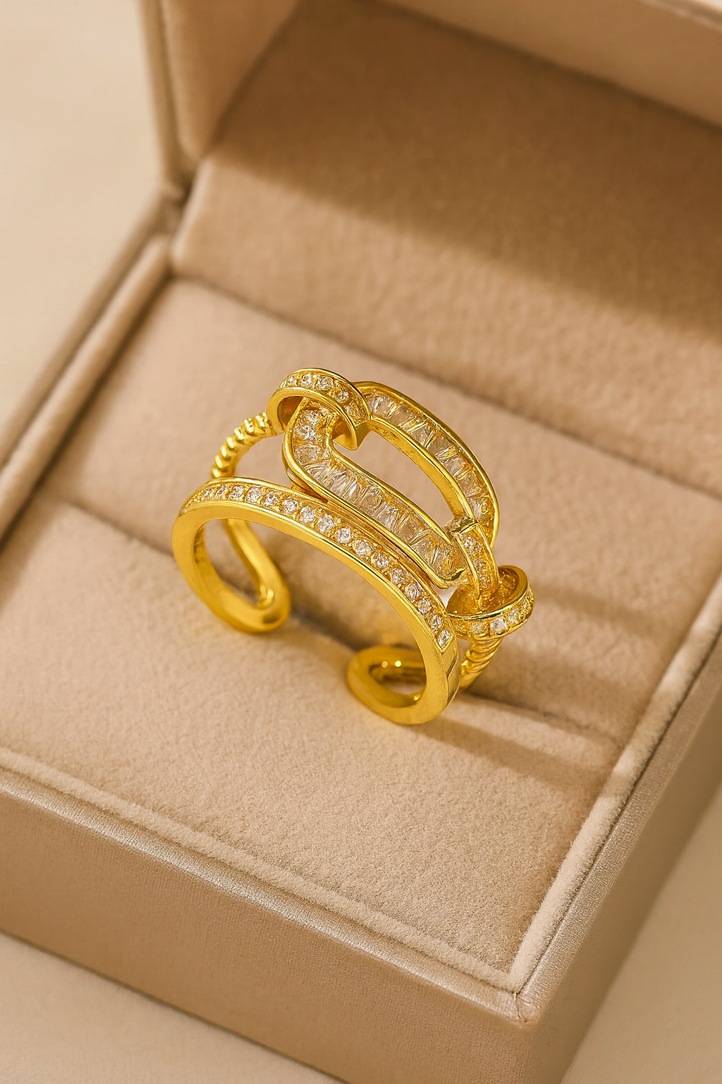 Regal Link 18K Gold Plated Zircon Adjustable Ring – Elegant Gold Copper Statement Ring with Sparkling Zircon