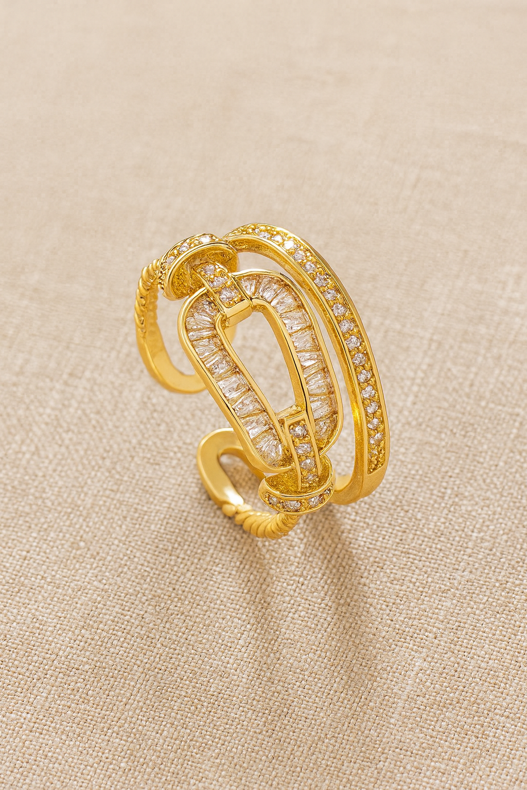 Regal Link 18K Gold Plated Zircon Adjustable Ring – Elegant Gold Copper Statement Ring with Sparkling Zircon