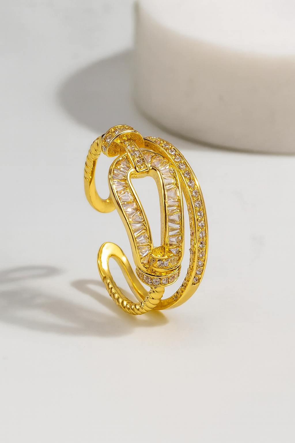 Regal Link 18K Gold Plated Zircon Adjustable Ring – Elegant Gold Copper Statement Ring with Sparkling Zircon