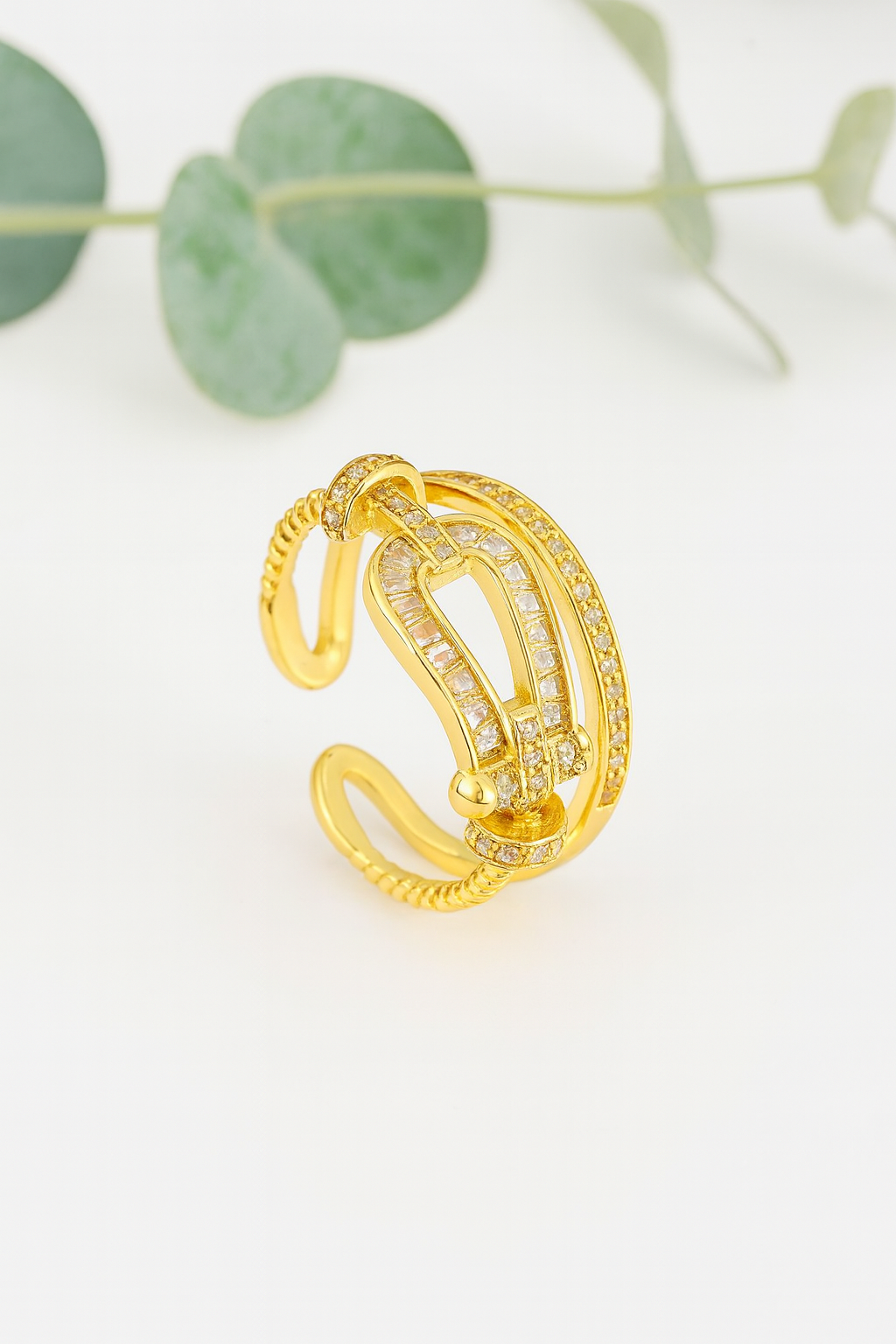 Regal Link 18K Gold Plated Zircon Adjustable Ring – Elegant Gold Copper Statement Ring with Sparkling Zircon