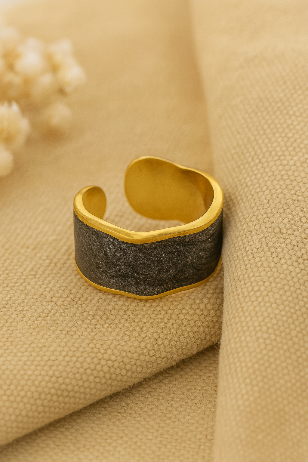 White Mirage 18K Gold Plated Adjustable Ring – 304 Stainless Steel Pearlescent Wave Pattern Band, Waterproof, Non-Tarnish Jewelry