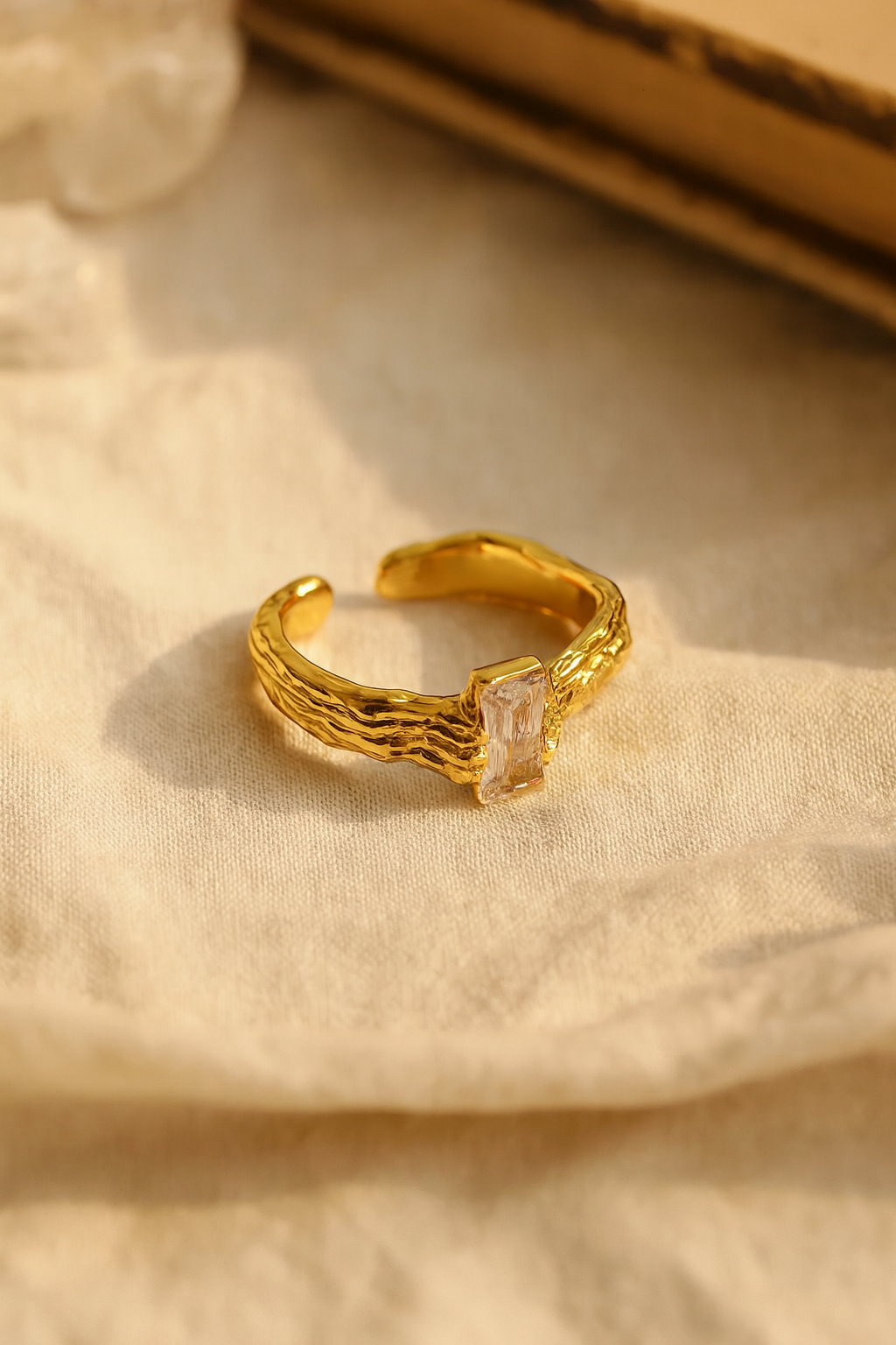 Aurene Ember 24K Gold Plated Zircon Adjustable Ring – Elegant Gold Brass Statement Ring for Women