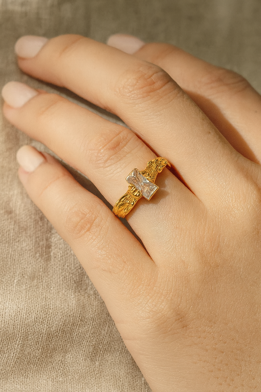 Aurene Ember 24K Gold Plated Zircon Adjustable Ring – Elegant Gold Brass Statement Ring for Women