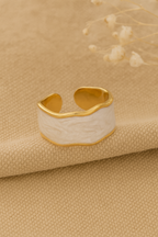 White Mirage 18K Gold Plated Adjustable Ring – 304 Stainless Steel Pearlescent Wave Pattern Band, Waterproof, Non-Tarnish Jewelry