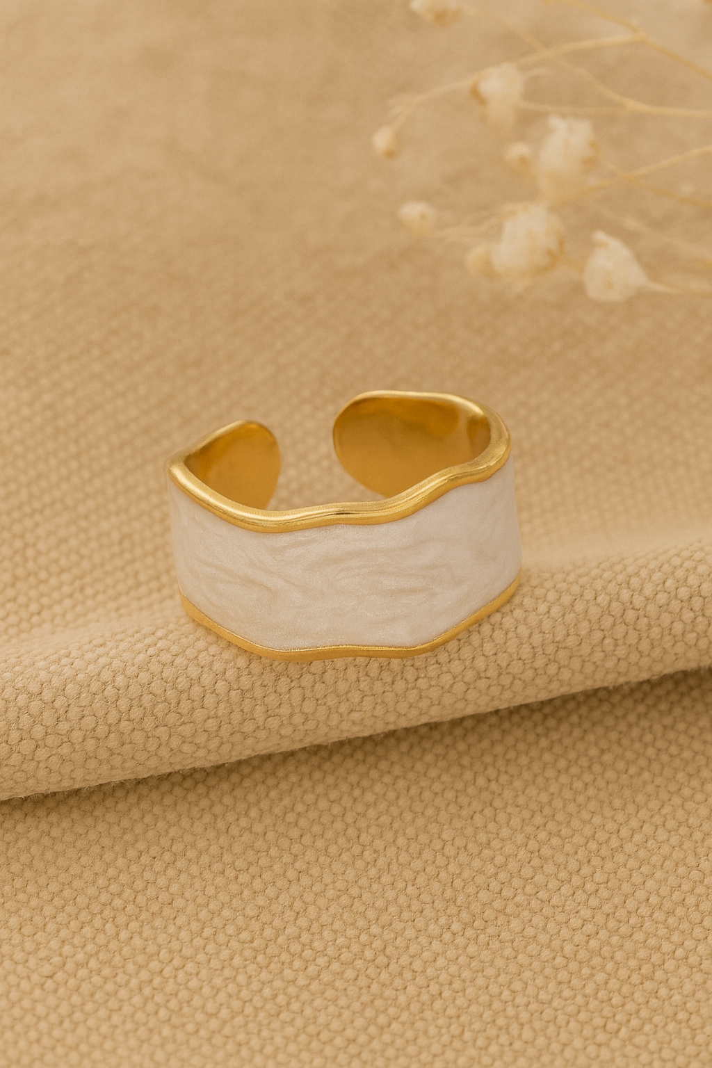 White Mirage 18K Gold Plated Adjustable Ring – 304 Stainless Steel Pearlescent Wave Pattern Band, Waterproof, Non-Tarnish Jewelry