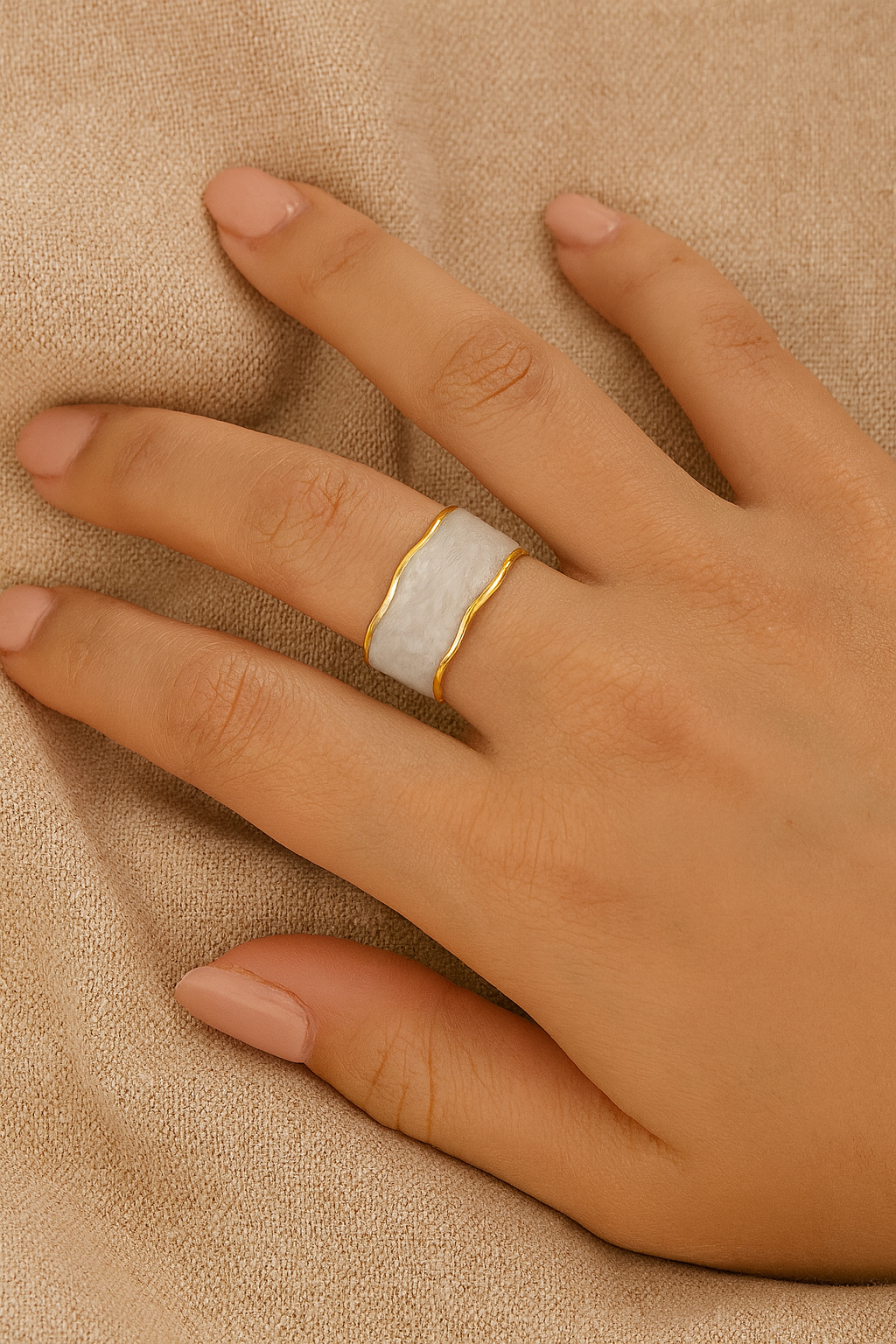 White Mirage 18K Gold Plated Adjustable Ring – 304 Stainless Steel Pearlescent Wave Pattern Band, Waterproof, Non-Tarnish Jewelry