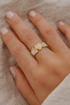 Serenza Hearts 18K Gold Plated Adjustable Ring – 304 Stainless Steel Pearlescent Leaf Heart Pattern Band, Waterproof, Non-Tarnish Plated Jewelry