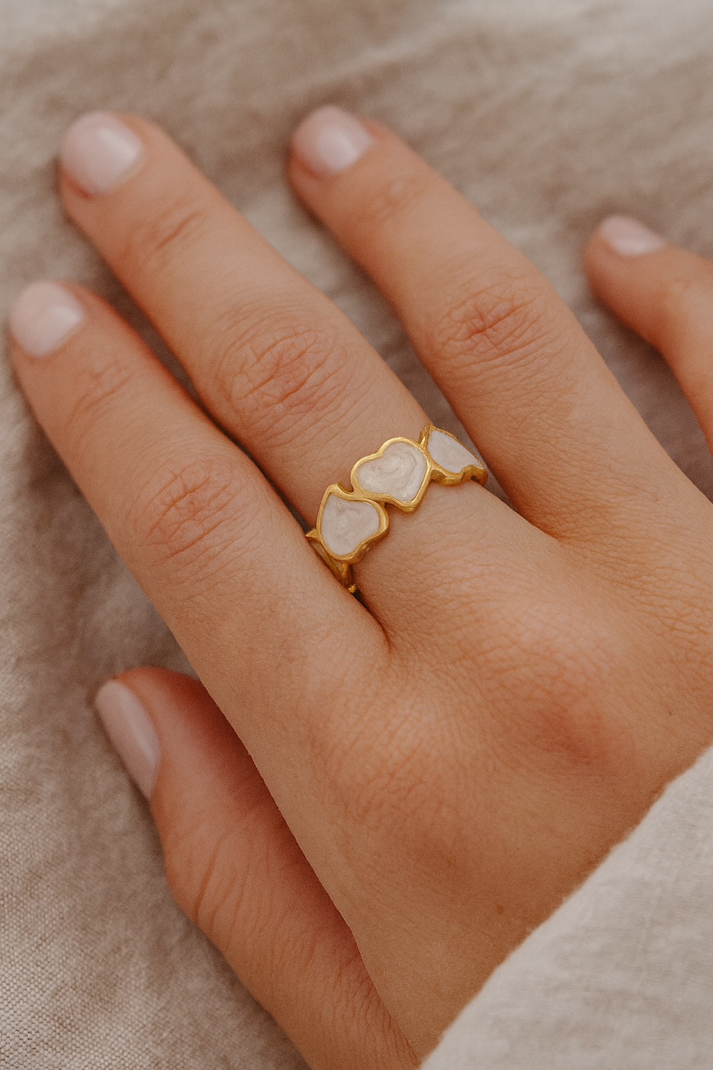 Serenza Hearts 18K Gold Plated Adjustable Ring – 304 Stainless Steel Pearlescent Leaf Heart Pattern Band, Waterproof, Non-Tarnish Plated Jewelry