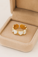 Serenza Hearts 18K Gold Plated Adjustable Ring – 304 Stainless Steel Pearlescent Leaf Heart Pattern Band, Waterproof, Non-Tarnish Plated Jewelry
