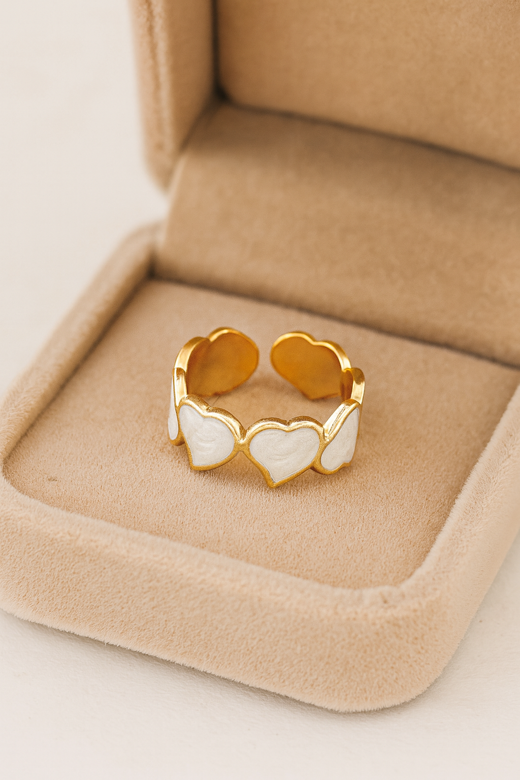 Serenza Hearts 18K Gold Plated Adjustable Ring – 304 Stainless Steel Pearlescent Leaf Heart Pattern Band, Waterproof, Non-Tarnish Plated Jewelry