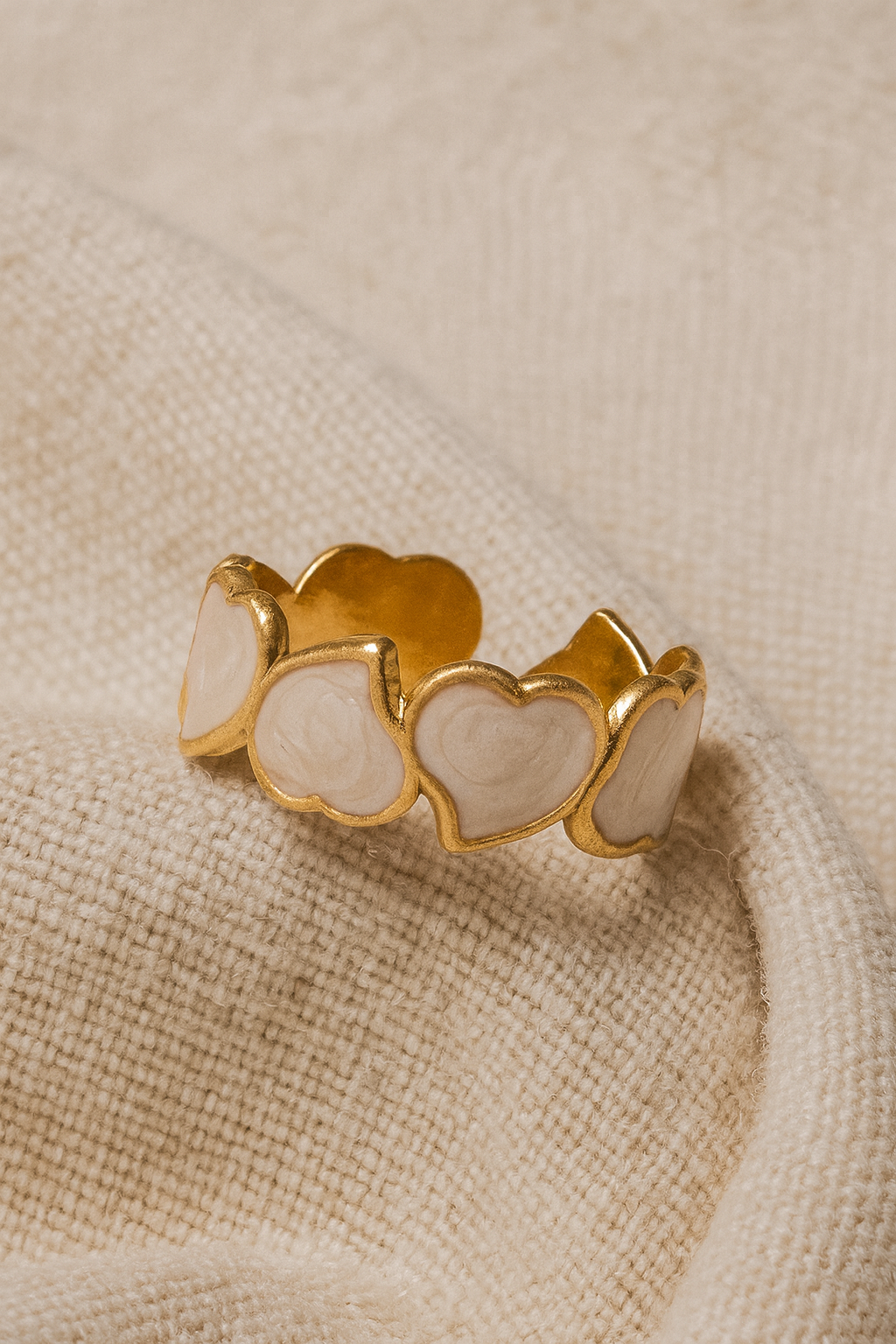 Serenza Hearts 18K Gold Plated Adjustable Ring – 304 Stainless Steel Pearlescent Leaf Heart Pattern Band, Waterproof, Non-Tarnish Plated Jewelry