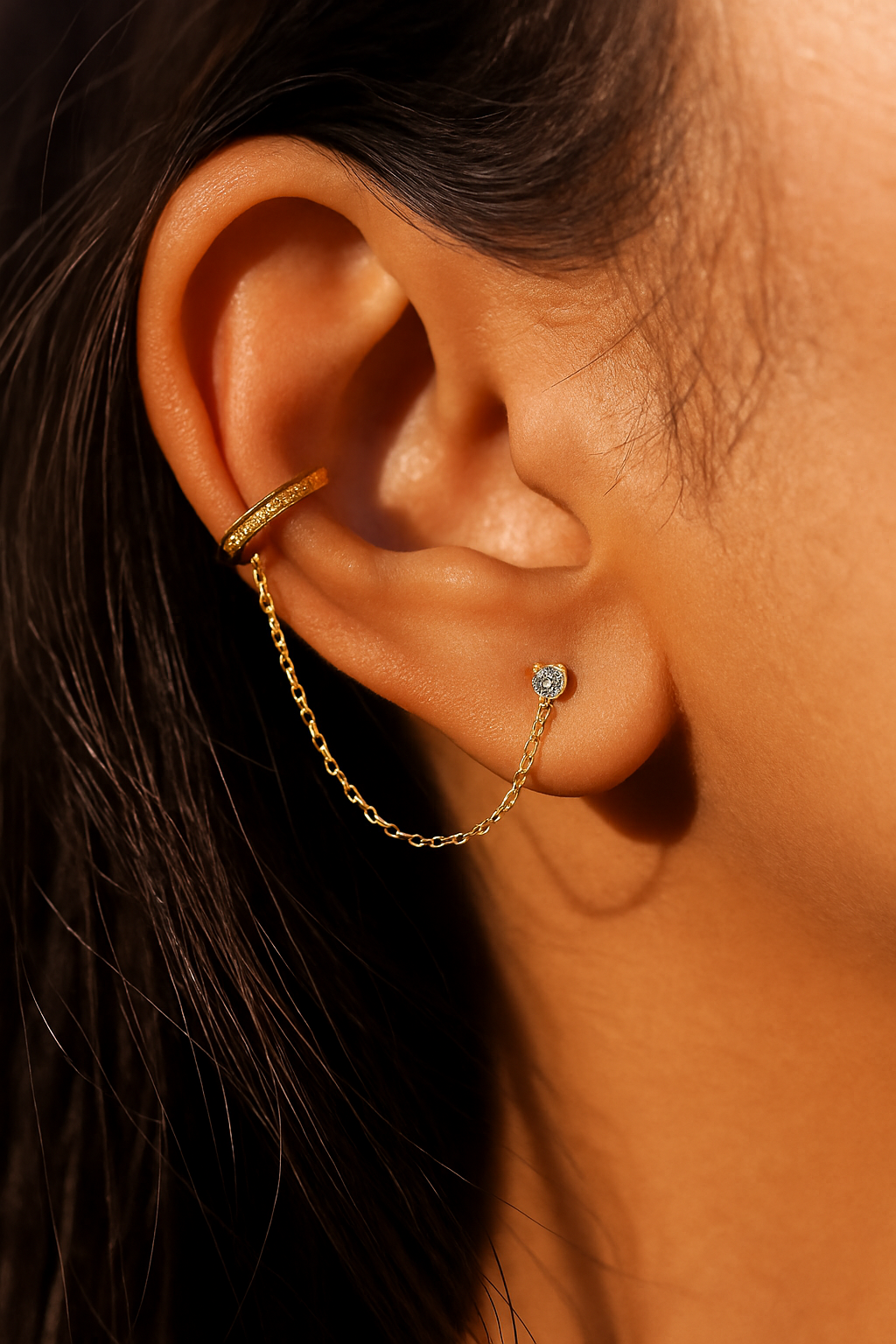 Celeste Connect 925 Sterling Silver Zircon Chain Earrings – Gold & White Gold Plated, Dainty Chain Cuff Earrings, Elegant Zircon Jewelry for Women