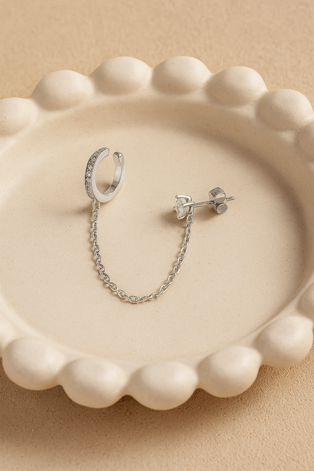 Celeste Connect 925 Sterling Silver Zircon Chain Earrings – Gold & White Gold Plated, Dainty Chain Cuff Earrings, Elegant Zircon Jewelry for Women