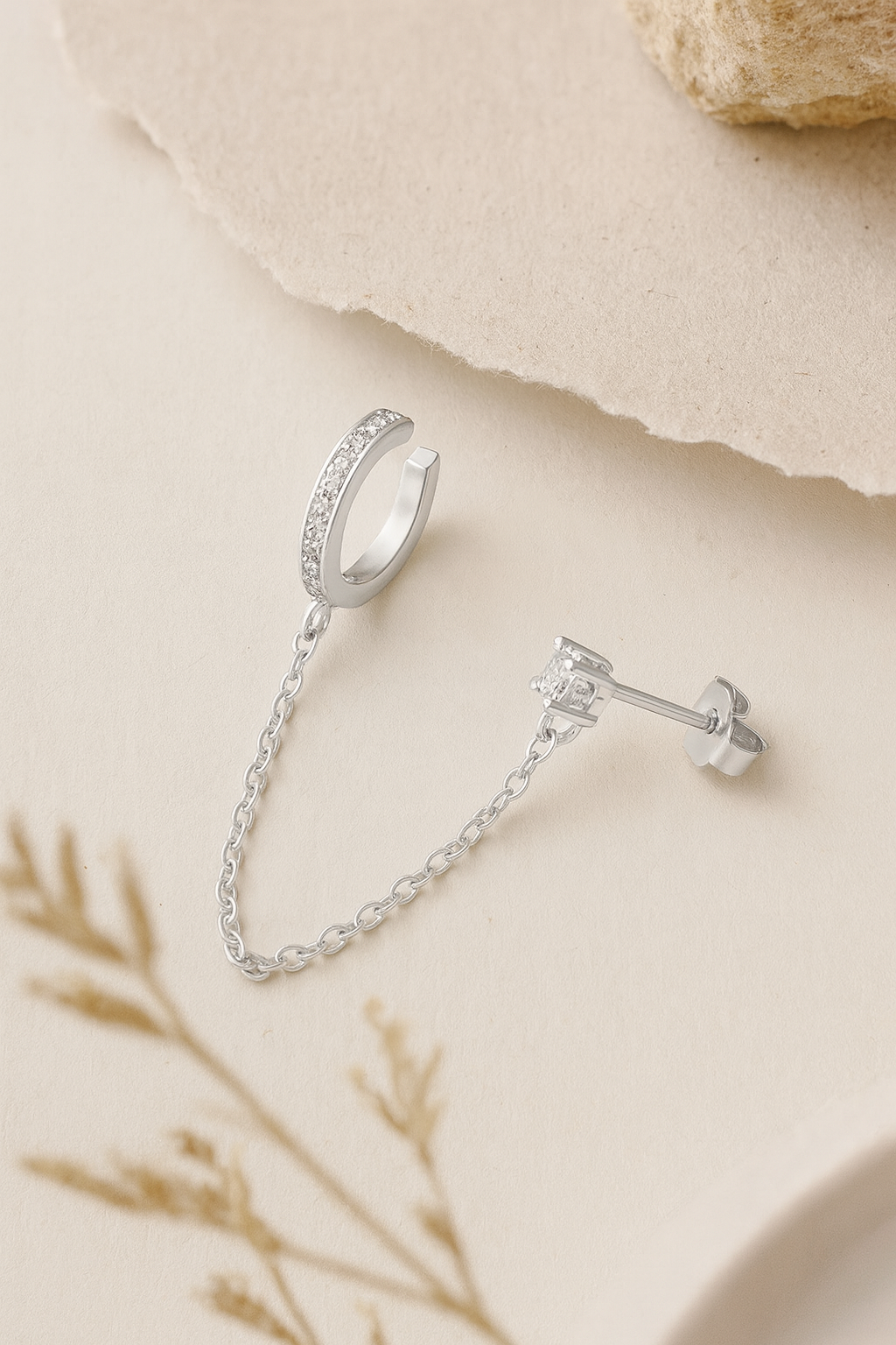 Celeste Connect 925 Sterling Silver Zircon Chain Earrings – Gold & White Gold Plated, Dainty Chain Cuff Earrings, Elegant Zircon Jewelry for Women