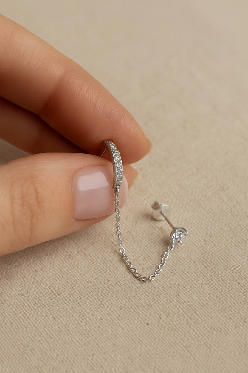 Celeste Connect 925 Sterling Silver Zircon Chain Earrings – Gold & White Gold Plated, Dainty Chain Cuff Earrings, Elegant Zircon Jewelry for Women