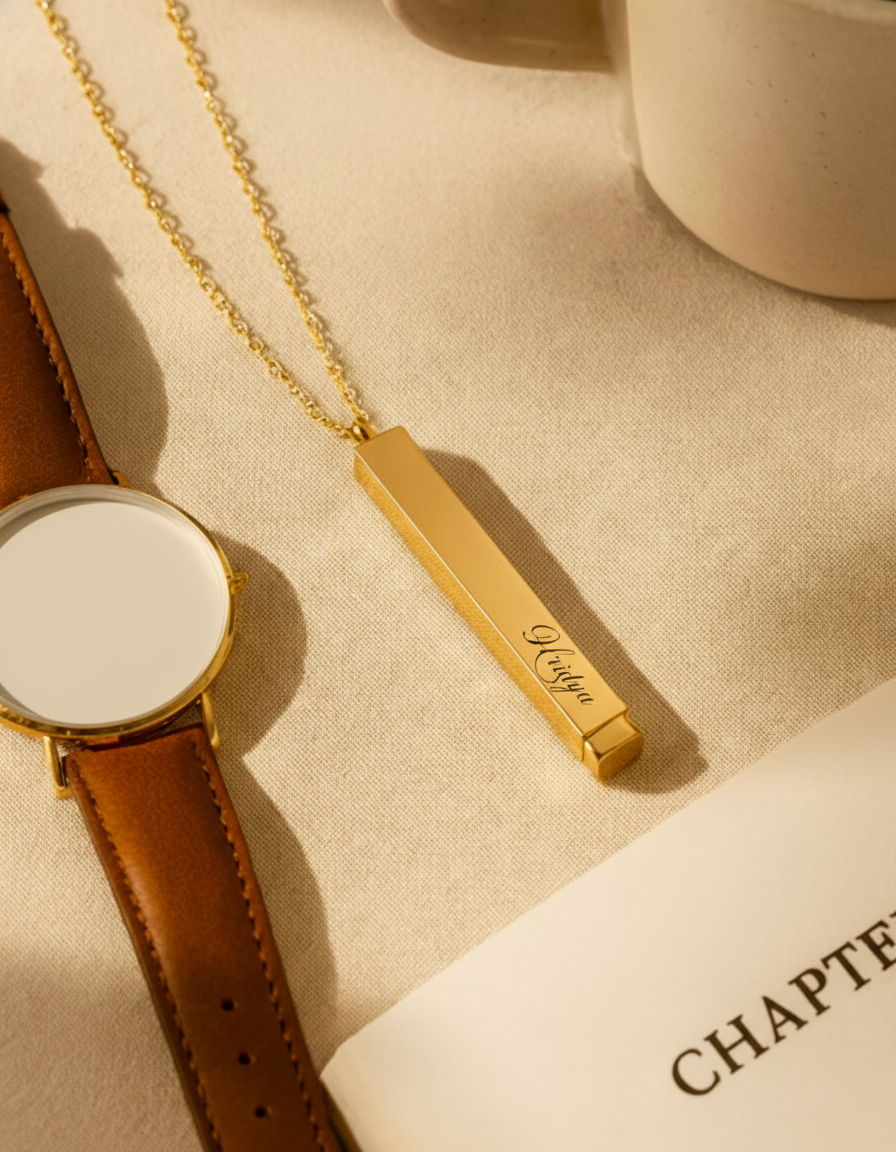 Personalized Monarque Slide Bar 18K Gold Plated Necklace – Elegant 304 Stainless Steel Gold Pendant Jewelry