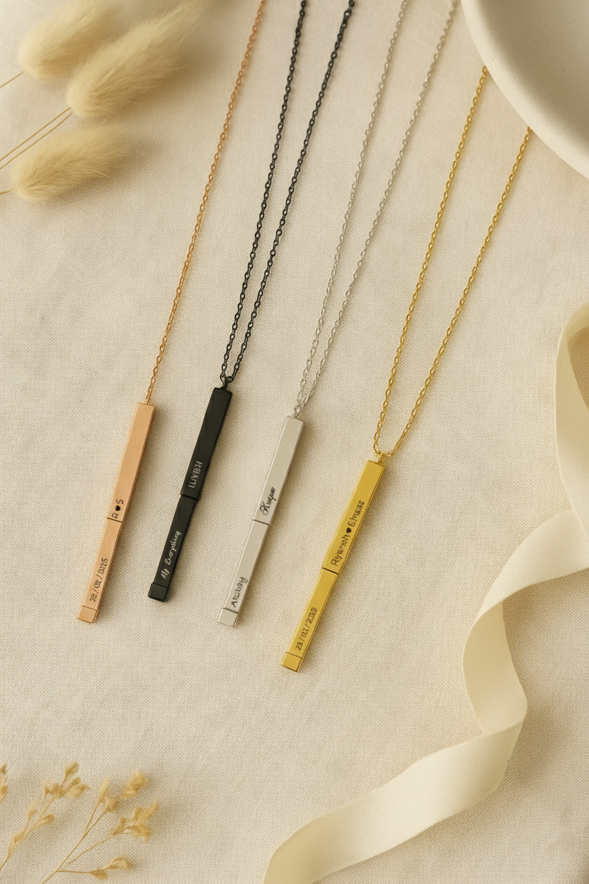 Personalized Monarque Slide Bar 18K Gold Plated Necklace – Elegant 304 Stainless Steel Gold Pendant Jewelry