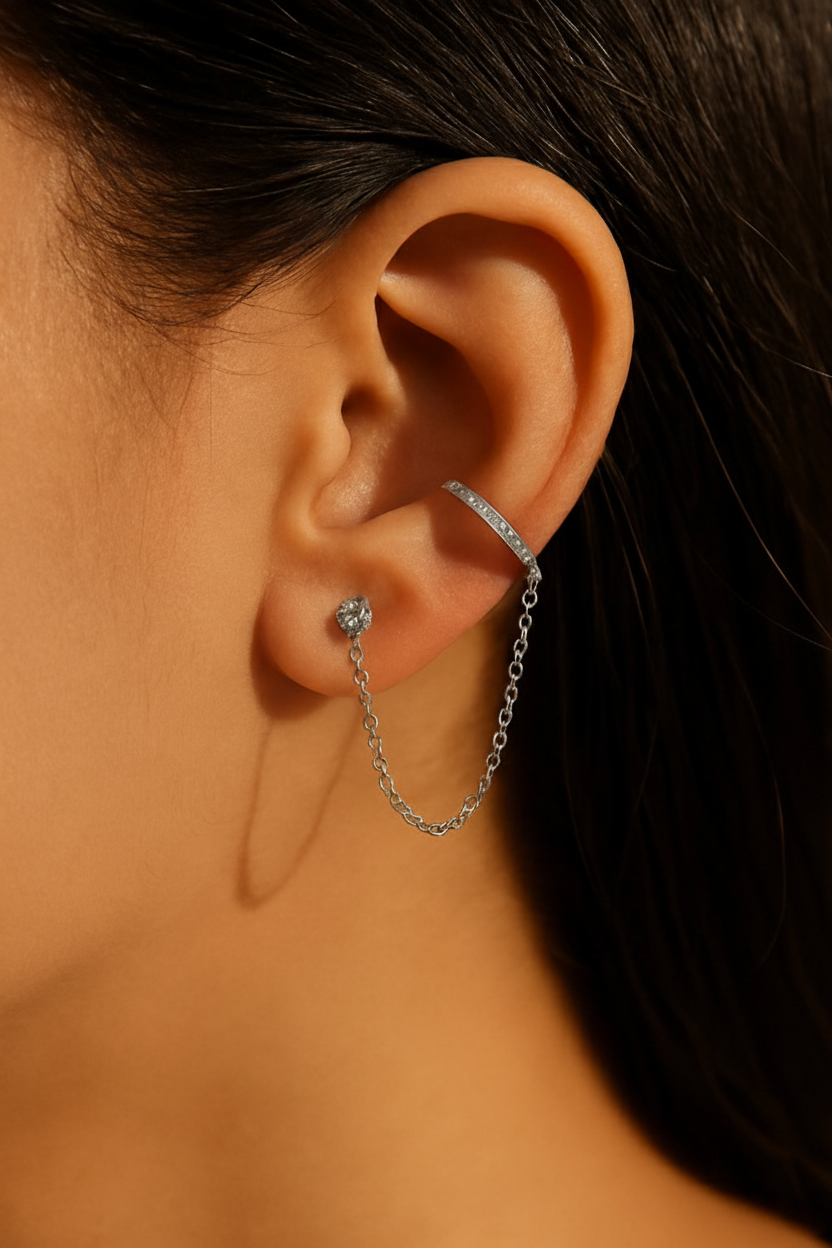 Celeste Connect 925 Sterling Silver Zircon Chain Earrings – Gold & White Gold Plated, Dainty Chain Cuff Earrings, Elegant Zircon Jewelry for Women