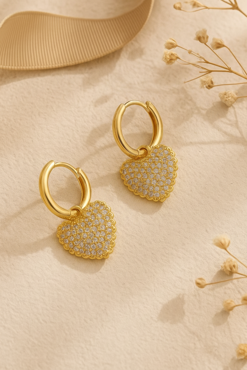 Aurora Hearts 18K Gold Plated Heart Zircon Drop Earrings - Elegant Gold Dangle Earrings for Women, Premium Copper Jewelry