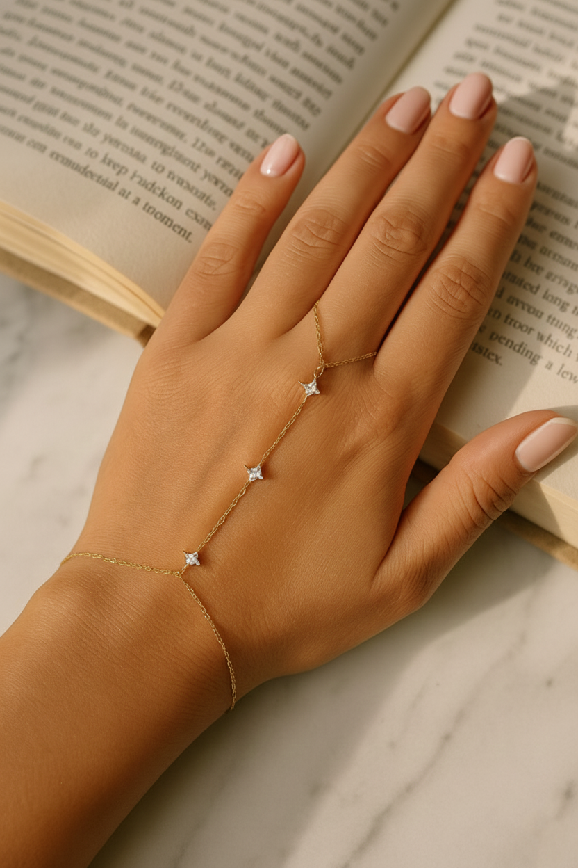 Stella 925 Sterling Silver Hand Bracelet Chain – Elegant Gold Zircon Hand Chain Jewelry for Women