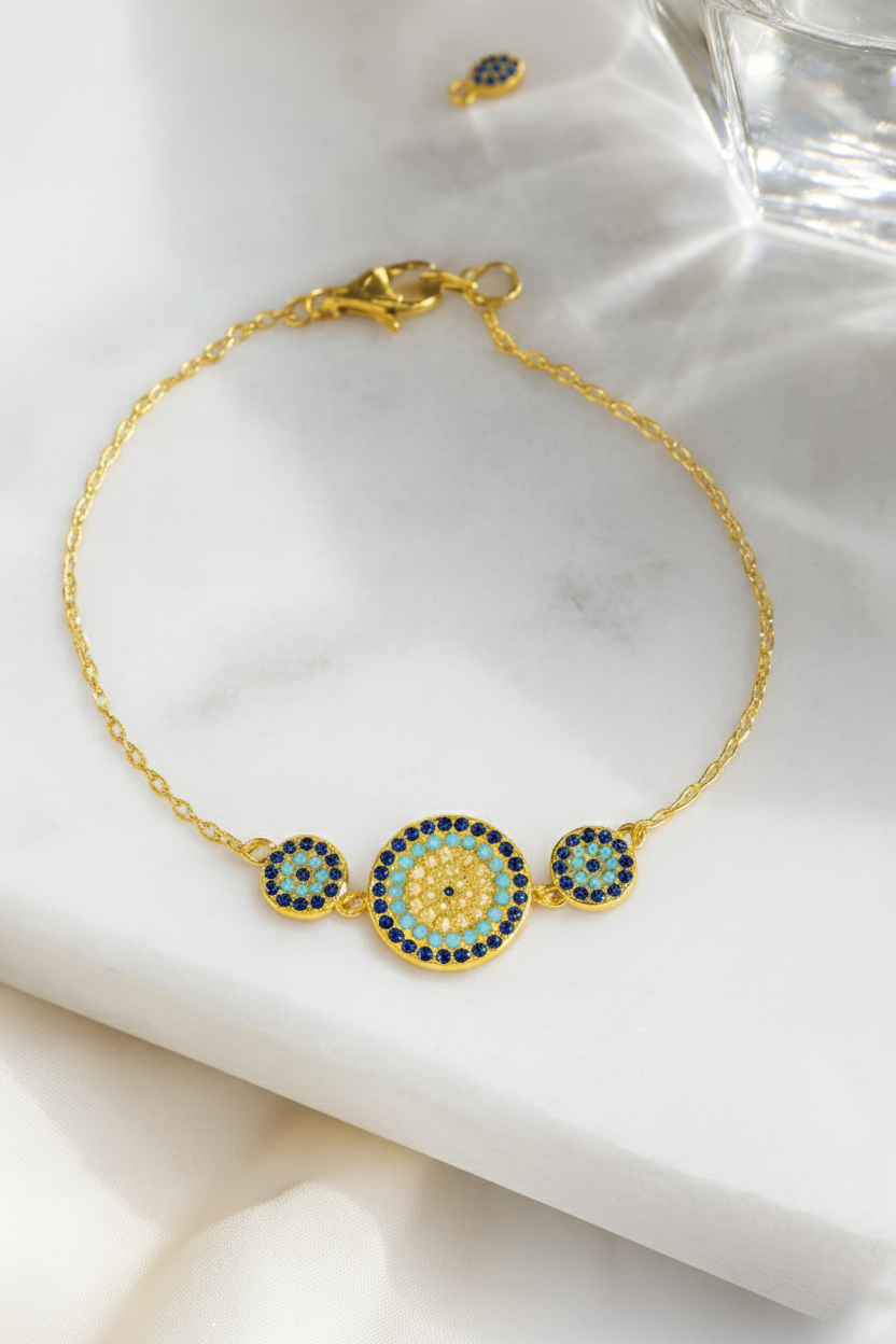 Trio Evil Eye 925 Sterling Silver Bracelet – Elegant Gold & Silver Protective Bracelet for Women