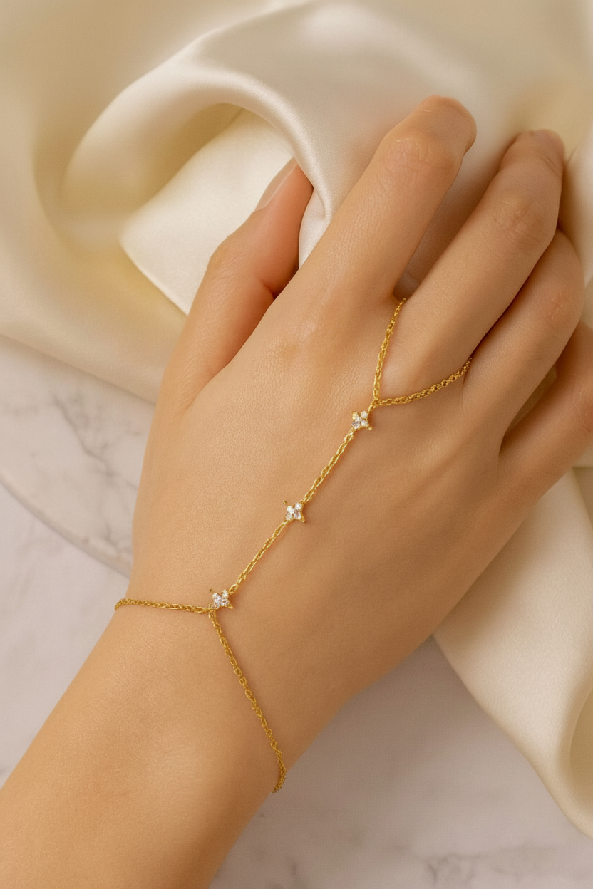 Stella 925 Sterling Silver Hand Bracelet Chain – Elegant Gold Zircon Hand Chain Jewelry for Women
