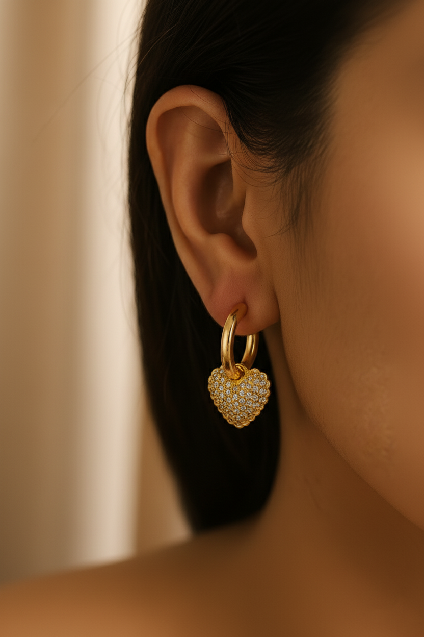 Aurora Hearts 18K Gold Plated Heart Zircon Drop Earrings - Elegant Gold Dangle Earrings for Women, Premium Copper Jewelry