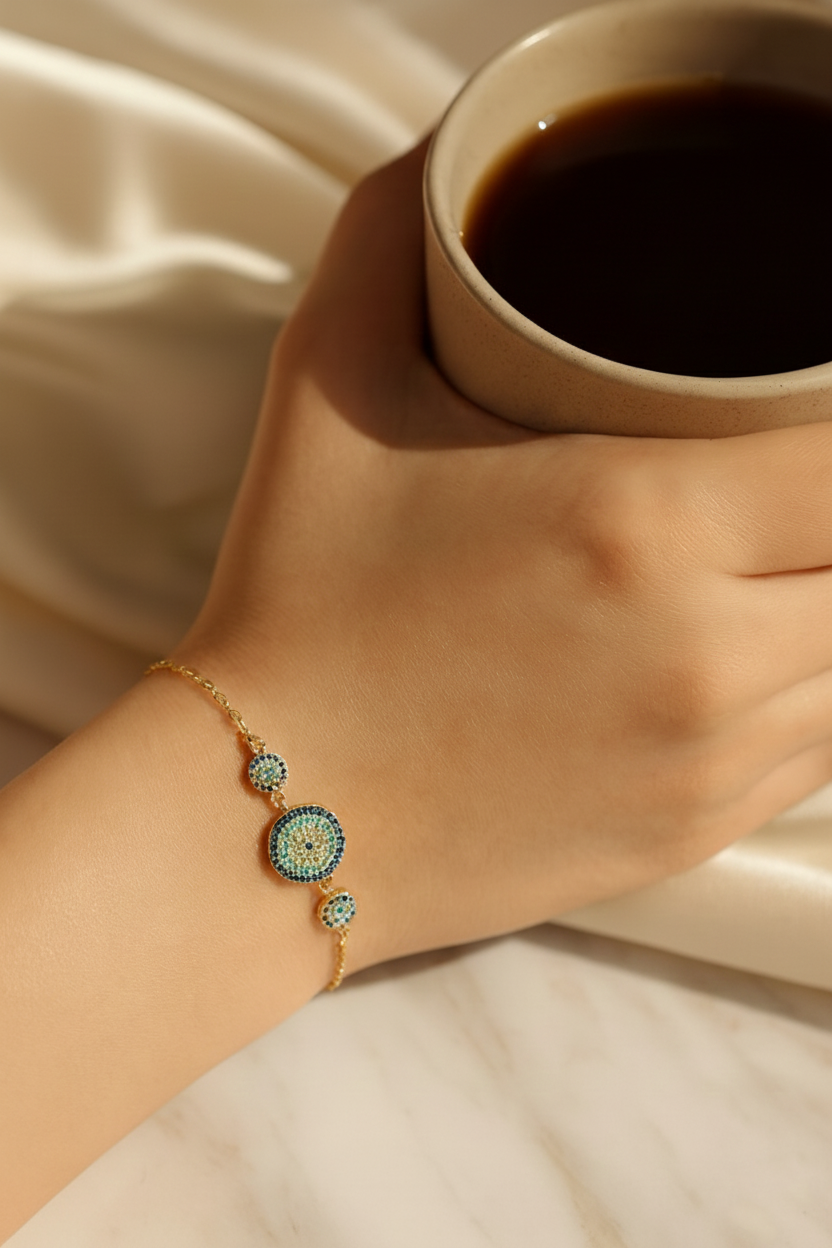 Trio Evil Eye 925 Sterling Silver Bracelet – Elegant Gold & Silver Protective Bracelet for Women