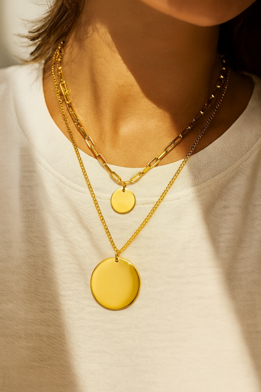 Lustre Medallion Layered 18K Gold Plated Necklace Set – 304 Stainless Steel, Waterproof, Anti-Tarnish Layered Jewelry