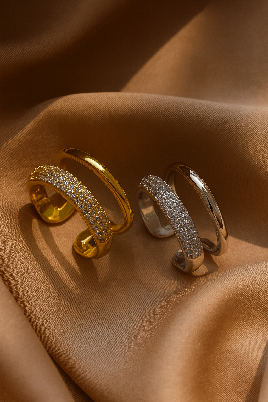 Twilight Lustre Band 18K Gold Plated Zircon Adjustable Ring – Gold & Silver Copper Statement Ring with Sparkling Zircon