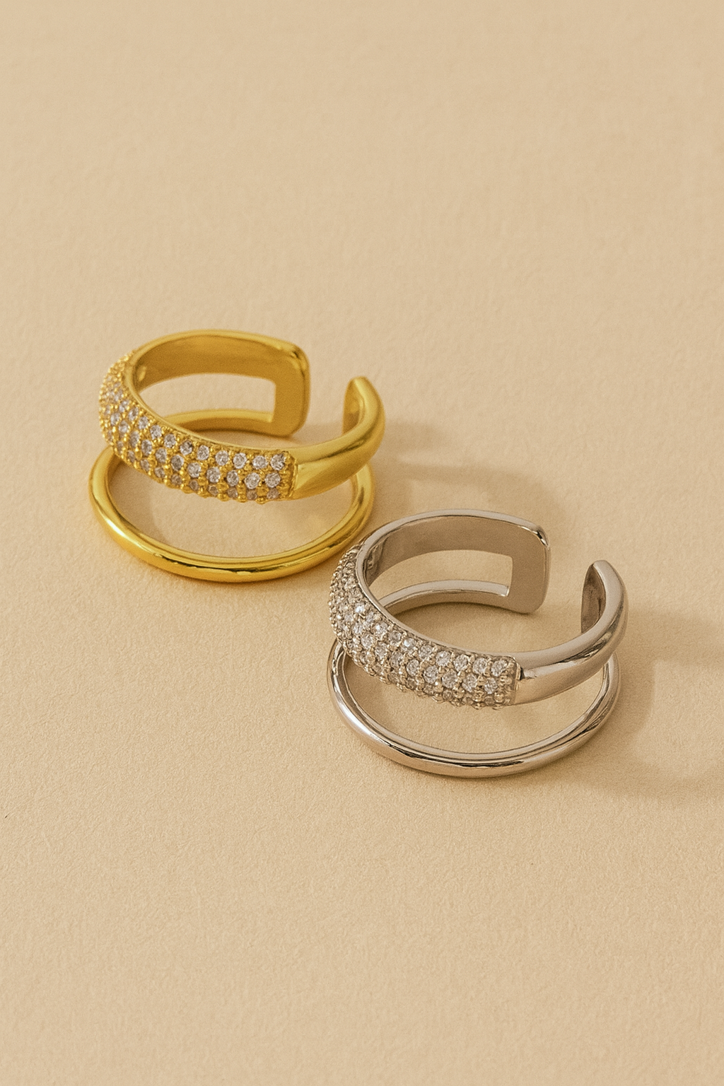 Twilight Lustre Band 18K Gold Plated Zircon Adjustable Ring – Gold & Silver Copper Statement Ring with Sparkling Zircon