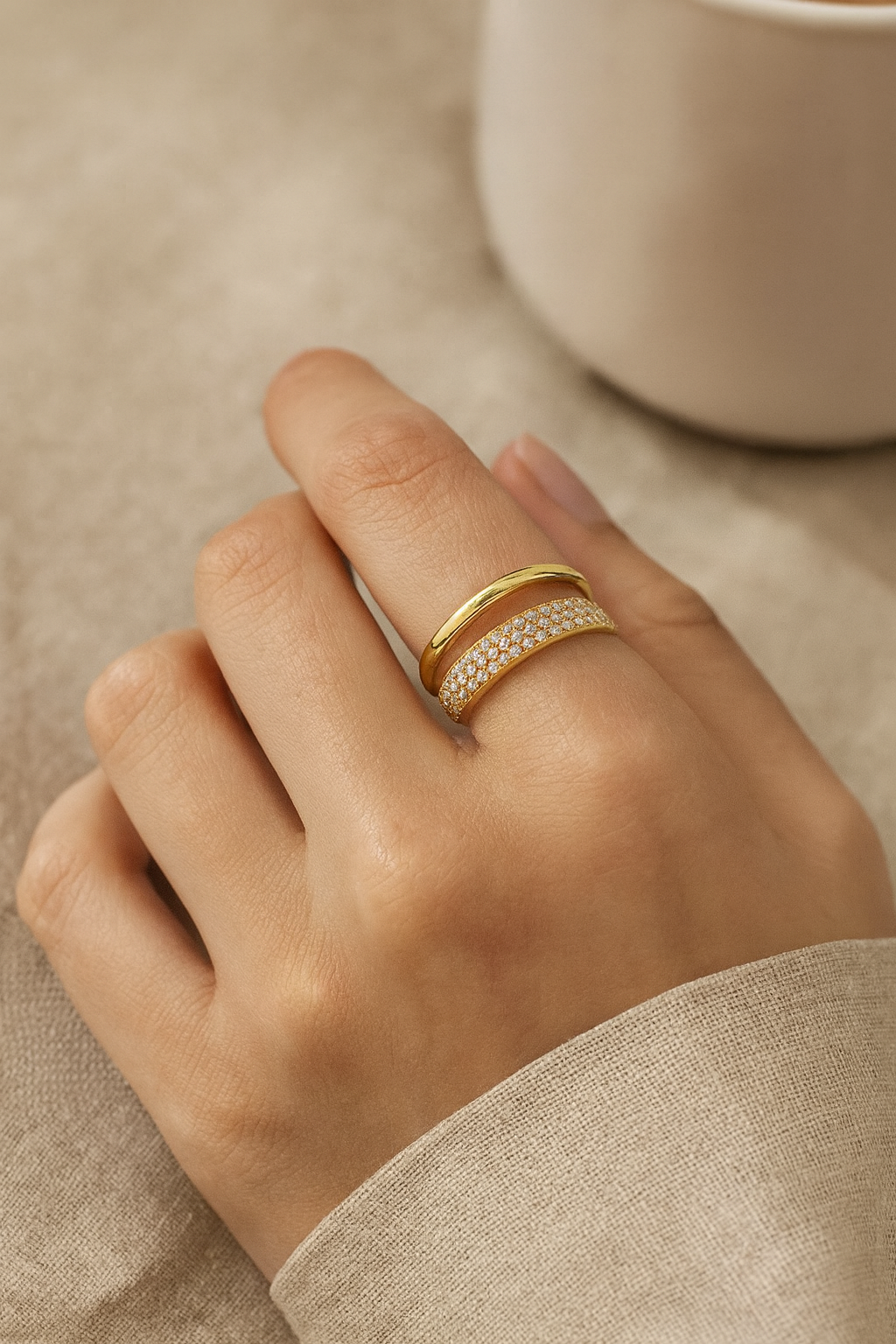 Twilight Lustre Band 18K Gold Plated Zircon Adjustable Ring – Gold & Silver Copper Statement Ring with Sparkling Zircon