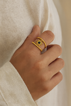 Celestial Orbit 18K Real Gold Plated Adjustable Ring – Gold, White & Black 304 Stainless Steel Swirl Style Band, Waterproof, Non-Tarnish Jewelry