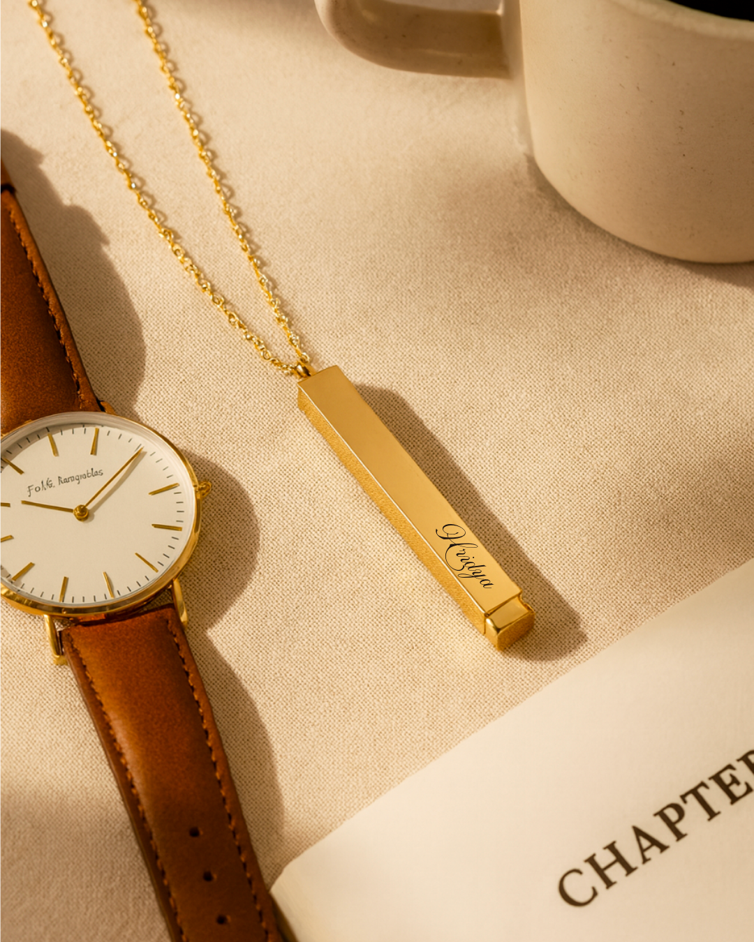 Personalized Monarque Slide Bar 18K Gold Plated Necklace – Elegant 304 Stainless Steel Gold Pendant Jewelry