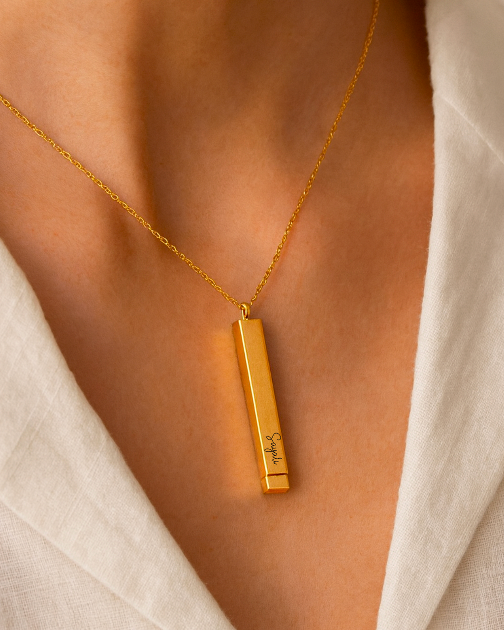 Personalized Monarque Slide Bar 18K Gold Plated Necklace – Elegant 304 Stainless Steel Gold Pendant Jewelry