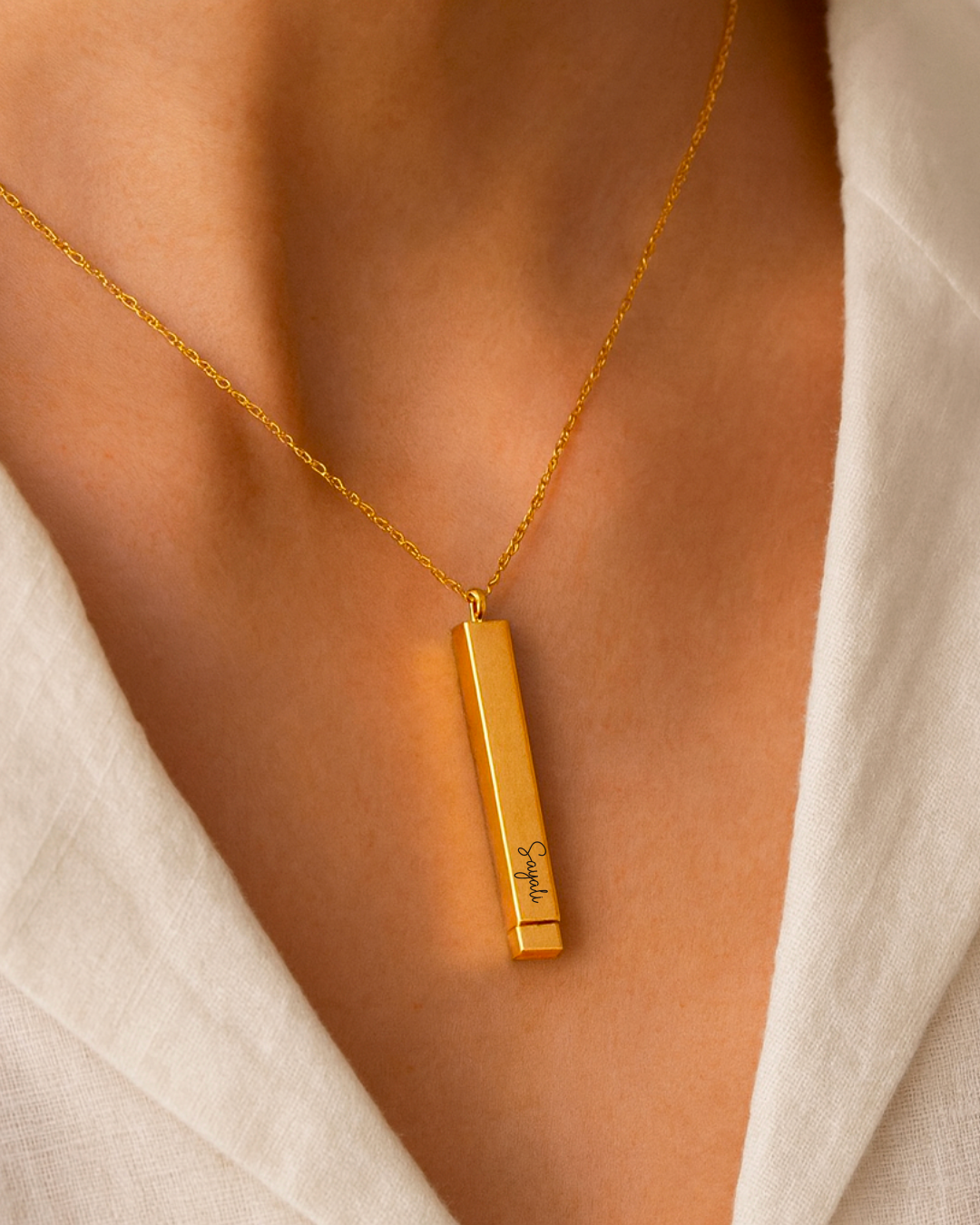 Personalized Monarque Slide Bar 18K Gold Plated Necklace – Elegant 304 Stainless Steel Gold Pendant Jewelry
