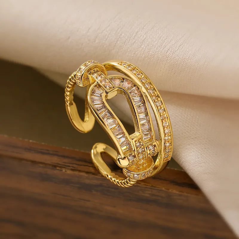Regal Link 18K Gold Plated Zircon Adjustable Ring – Elegant Gold Copper Statement Ring with Sparkling Zircon